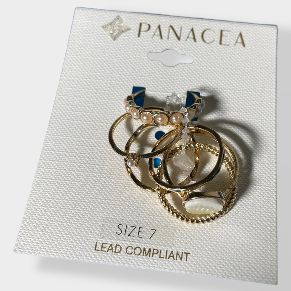 NWT‎ Panacea Gold Tone Faux Pearl White Stone Stacking Ring Set Size 7 5pc